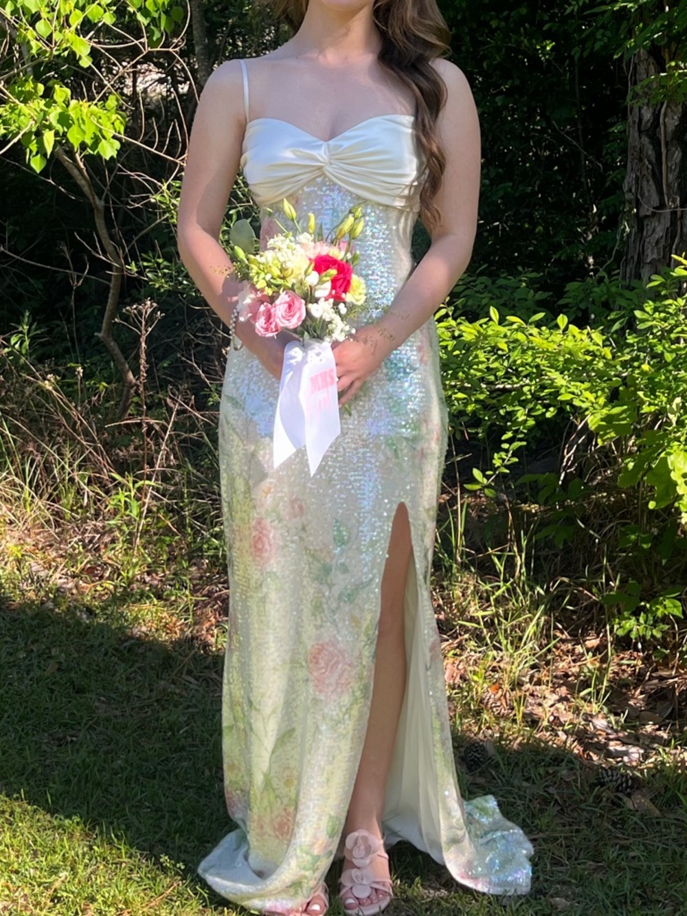 City Studio Iridescent Floral Strapless Sequin Gown in Cream and Pastel Green